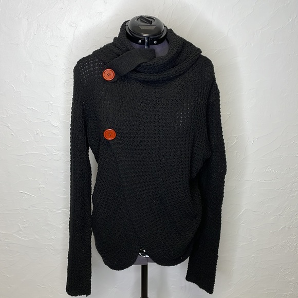 Wrap Style Black Asymmetrical Ribbed Knit Cowl Neck Sweater - Picture 4 of 10